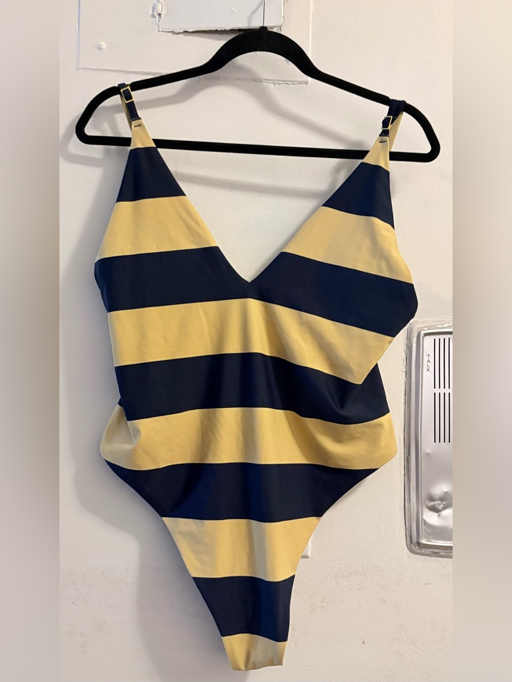 aerie Navy and Yellow Striped V-Neck One-Piece Swimsuit